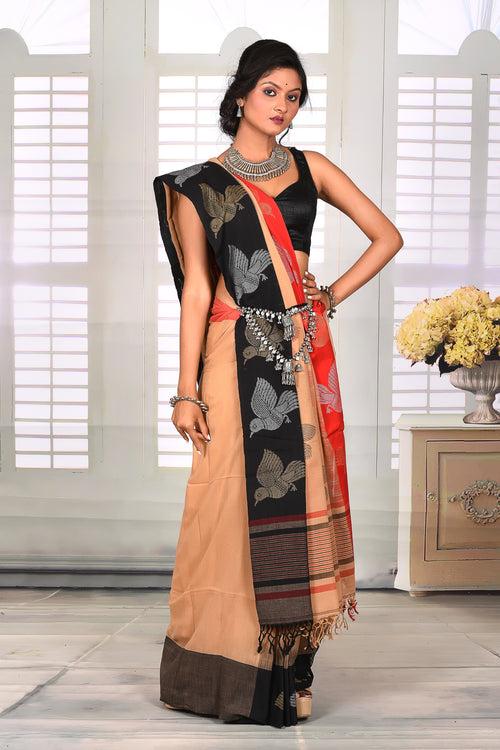 Beige Cotton Handloom Saree with Ganga-Jamuna Border