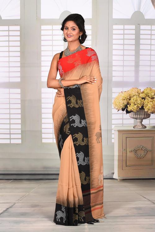 Beige Cotton Handloom Saree with Ganga-Jamuna Border