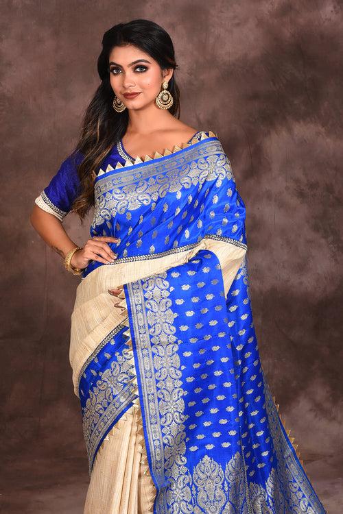 Offwhite Blue Katan Saree