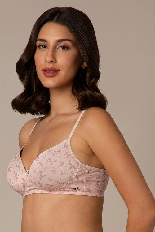 Simply Soft Padded Non-Wired Cotton Bra - Pink Floral Print