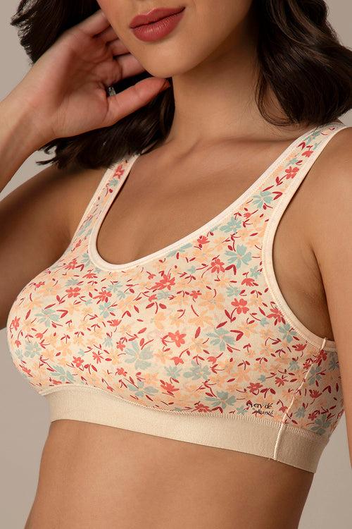 Easy Slip-On Non-Padded Non-Wired Cotton Bra - Daisy Print