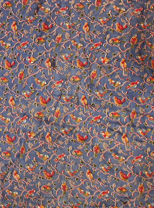 Kalamkari Crepe silk Blouse material with Beautiful parrots - Blue (25107B)