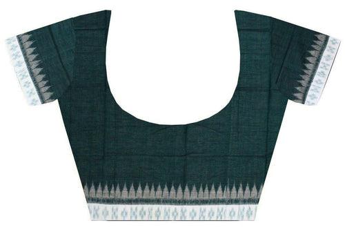 IKKAT Blouse material - Handloom Cotton with a popular Temple border  - Green & White (55011A) * Sale 60% Off *