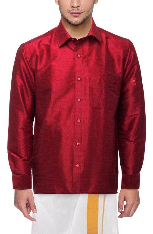 Traditional Raw Silk Shirt for men - full sleeve (Dark Pink) - 90021A