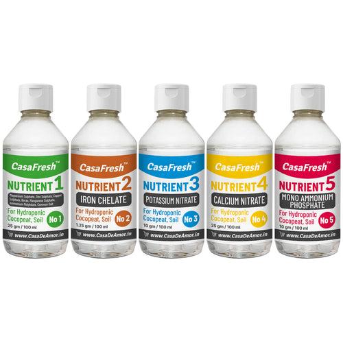 CasaFresh Hydroponic Nutrients 5 Part (Powder Form - 100 ML individual nutrient solution that converts to a 100 Litre Balanced Nutrient) - Complete Plant Nutrition for Leafy Greens and Fruiting Plants