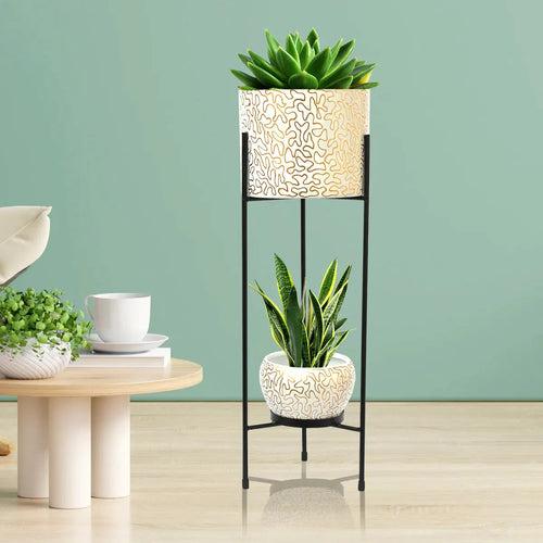 Casa De Amor Round Metal Planters with Double Decker Stand for Indoor Plants on the Floor