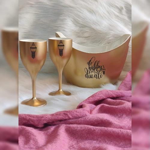 CHEERS TO THE FESTIVE SEASON, Non Breakable Wine Glass Gift Set With Chilling Bucket - Gold