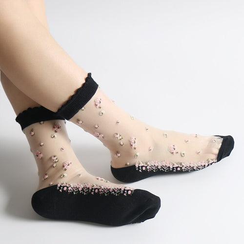 Daisy Sheer Socks - White & Black