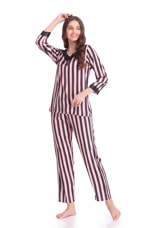 Night suit in Stripe Satin