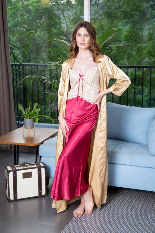Nightgown set in Gold & Maroon