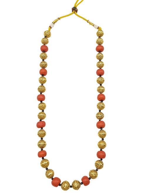 Gold Plated In Coral Beads Long Necklace Set