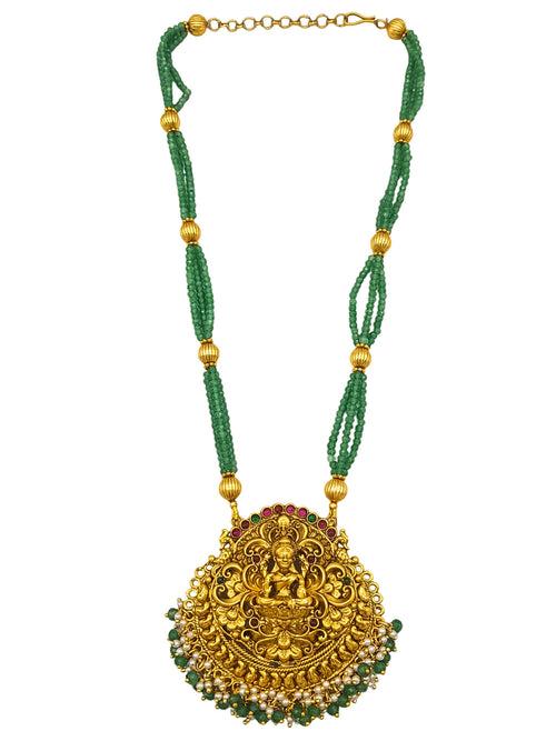 Premium Gold Plated Long Necklace Set In Green And Red crystal Natural Stones