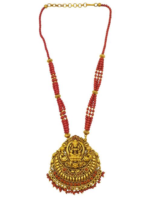 Premium Gold Plated Long Necklace Set In Green And Red crystal Natural Stones