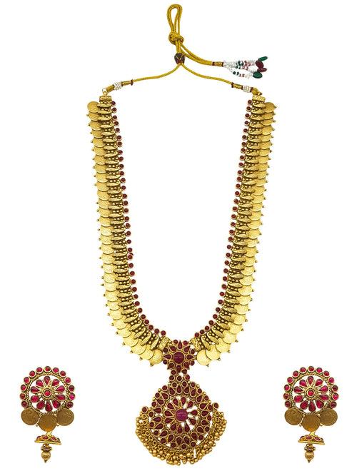 Kasu Premium Long Necklace Set With Ruby Stones