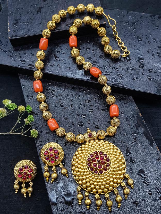 Gold Plated In Coral Beads Long Necklace Set