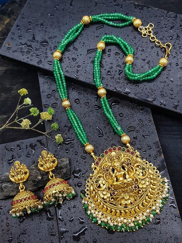 Premium Gold Plated Long Necklace Set In Green And Red crystal Natural Stones