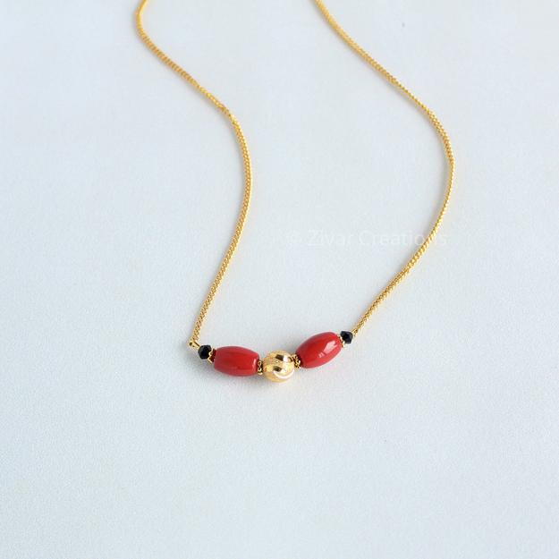 Coral Colour Beads Gold Plated Mangalsutra