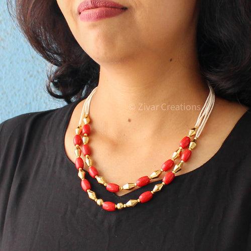 Coral Colour And Dholki Beads Necklace