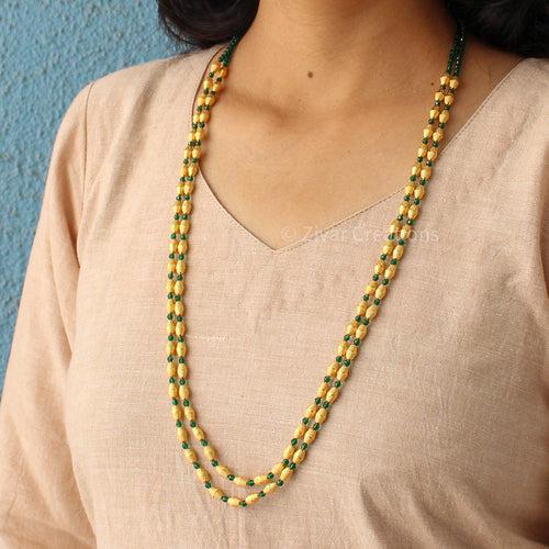 Designer Gold And Green Beads Long Necklace