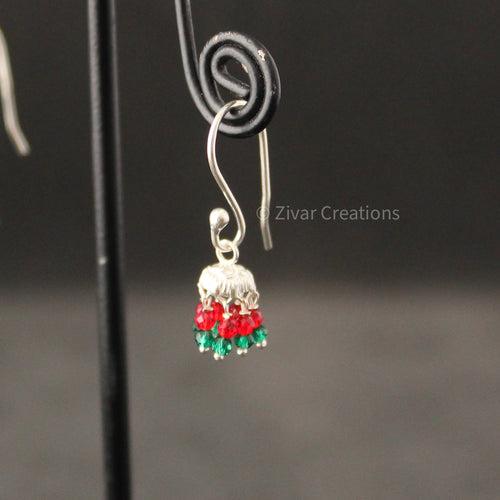 Red And Green Beads Silver Hanging Earring (Jhumka)