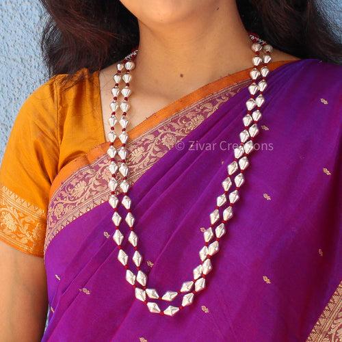 Silver Dholki Beads Double Line Necklace With Brown Thread