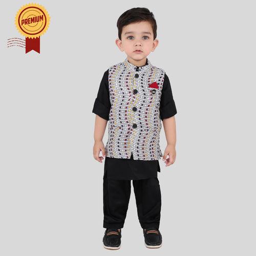 Checkered Chic: Boys' Festive Trio - Kurta, Waistcoat, Pajama Perfection!