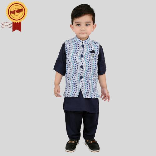 Checkered Chic: Boys' Festive Trio - Kurta, Waistcoat, Pajama Perfection!