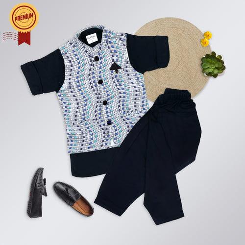 Checkered Chic: Boys' Festive Trio - Kurta, Waistcoat, Pajama Perfection!