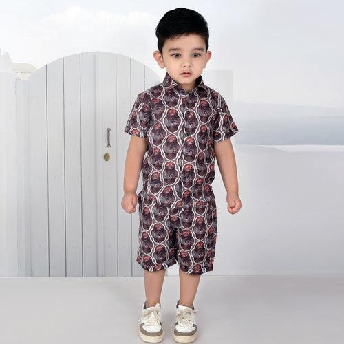 Royalty Brown Print Shirt and Shorts Superior Linen Co-ord Set for Boys!