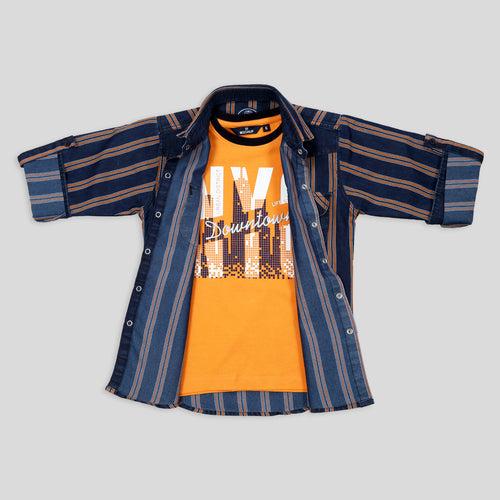 Denim Striped Stylish Shirt and T-shirt Set  For Young Boys