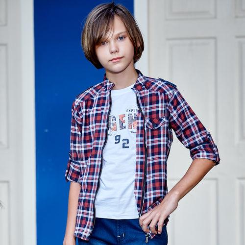 Checkered Indigo Lycra Shirt and T-shirt Set For Young Boys