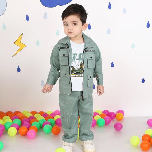 "Stylish Adventures Await: Printed Tee, Jacket, and Pant Set for Boys!"