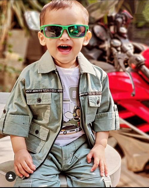 "Stylish Adventures Await: Printed Tee, Jacket, and Pant Set for Boys!"