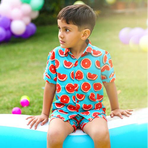 Fresh fruit cordinated shirt & shorts set-blue color with orange fruit print