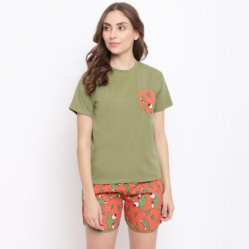 La Intimo Platypus Perk Olive Boxer Shorts & Printed T-Shirt Set