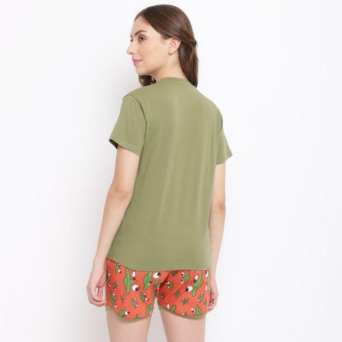 La Intimo Platypus Perk Olive Boxer Shorts & Printed T-Shirt Set