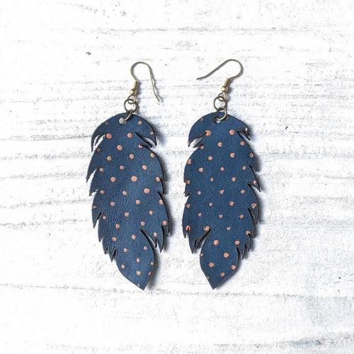 Leather Feather Earrings - Blue