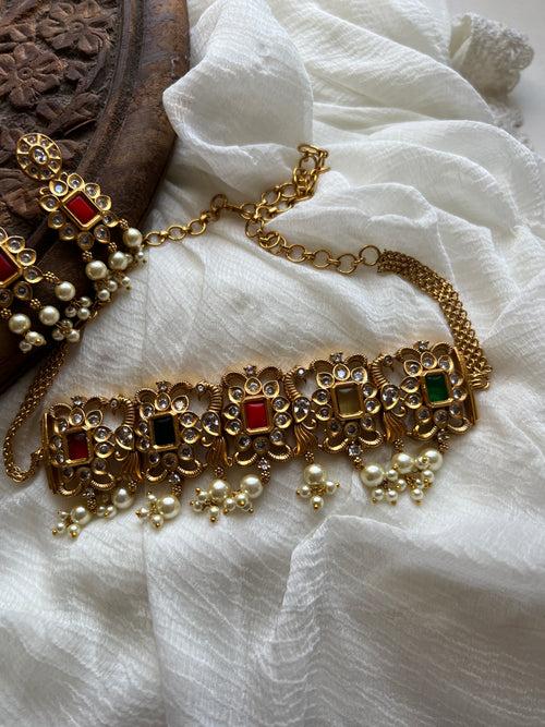 Navaratna like matte choker with earrings