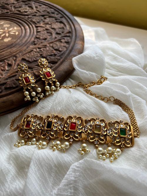 Navaratna like matte choker with earrings