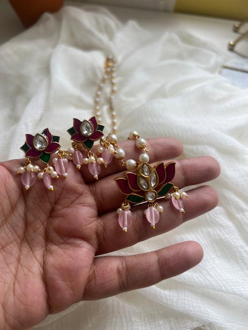 Enamel lotus pendant maala  with studs