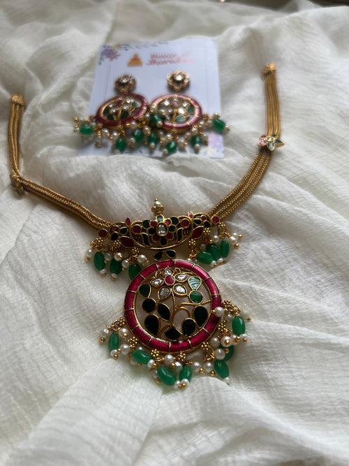 Enamel Kundan work necklace with Chaandbalis