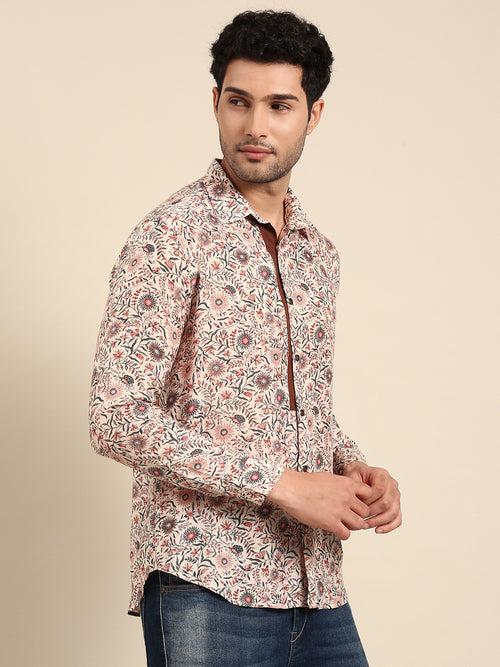 Beige Red Prt Muslin Shirt - MM0873