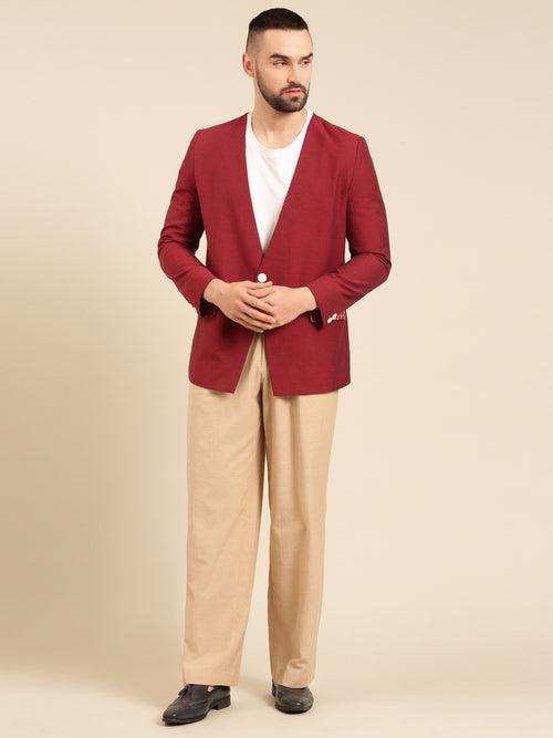 Beige Pant Wine Blazer Cord Set - MMCRSET001