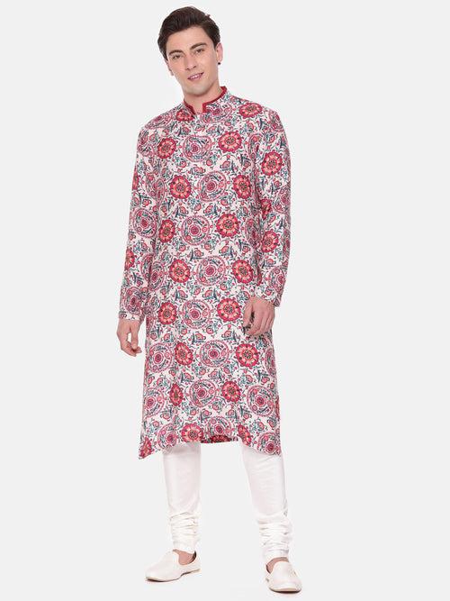 Red Blue Digital Muslin Kurta Set - MMK0577