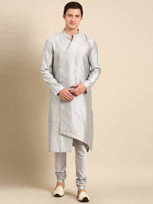 Silver Grey Silk Jaquard Kurta Set - MMK0584