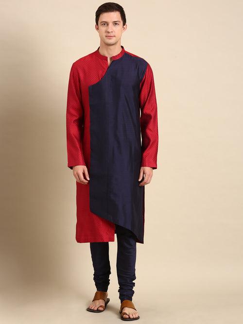 Red/Blue Silk Jaquard Kurta Set - MMK0585