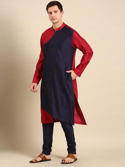 Red/Blue Silk Jaquard Kurta Set - MMK0585