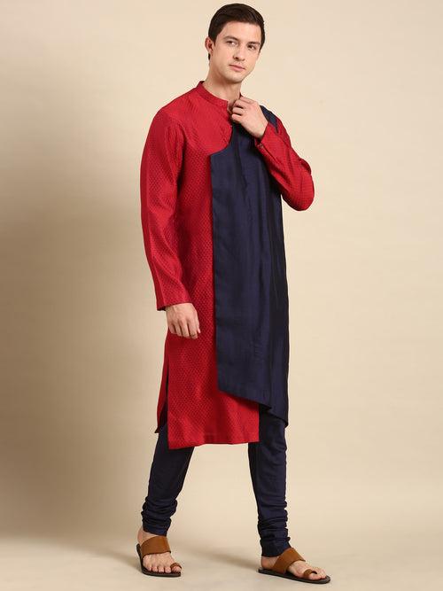 Red/Blue Silk Jaquard Kurta Set - MMK0585