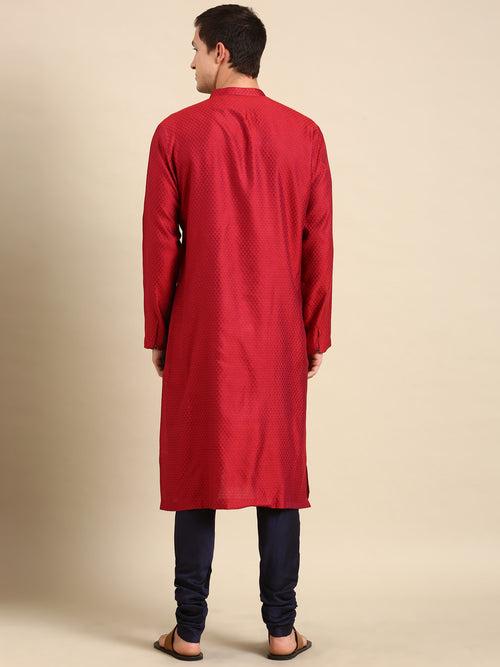 Red/Blue Silk Jaquard Kurta Set - MMK0585