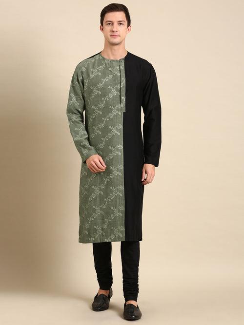 Black Green Chanderi Silk Kurta Set - MMK0588